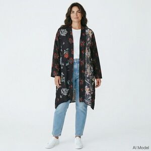 Sacred Threads Kimono Cardigan Women XXL Black Floral Open Front Lightweight